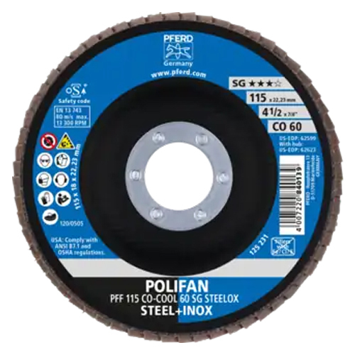 4-1/2 X 7/8 POLIFAN® FLAP DISC CO-COOL SG STEELOX - 60 GRIT - T27 - CERAMIC OXIDE