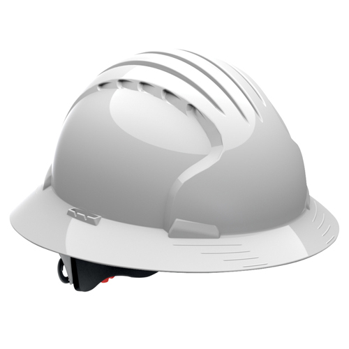 JSP EVOLUTION DELUXE 6161 FULL BRIM HARD HAT WHITE, 6-PT TEXTILE SUSP, WHEEL RATCHT, CLASS E