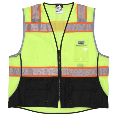 MCR HI-VIZ LIME SURVEYOR'S SAFETY VEST MESH 3 INCH ORANGE SILVER STRIPES <p>MEDIUM</p>