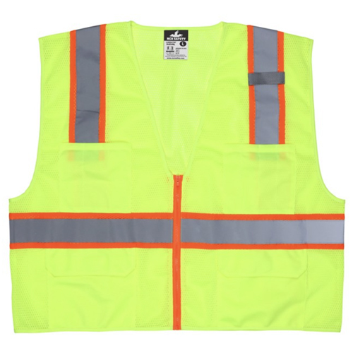 MCR HI-VIZ LIME SURVEYOR'S SAFETY VEST MESH TYPE R, 3" ORANGE SILVER STRIPES 6 POCKETS<p>X-LARGE