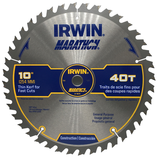 IRWIN MARATHON CIRCULAR SAW BLADE, 10" X 40 TPI, 5/8" ARBOR