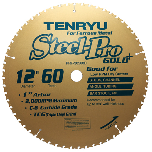 TENRYU STEEL-PRO GOLD CIRCULAR SAW BLADE FOR FERROUS METAL, 12" X 60 TPI, 1" ARBOR