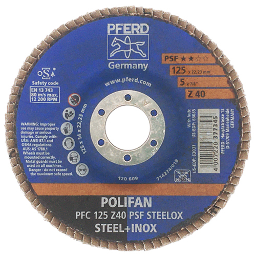 5" X 7/8" POLIFAN® FLAP DISC - CONICAL - PSF, ZIRCONIA, 40 GRIT